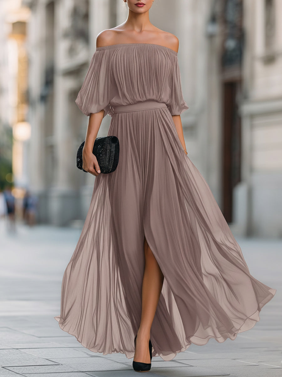 Pleated maxi dress showing fabric drape