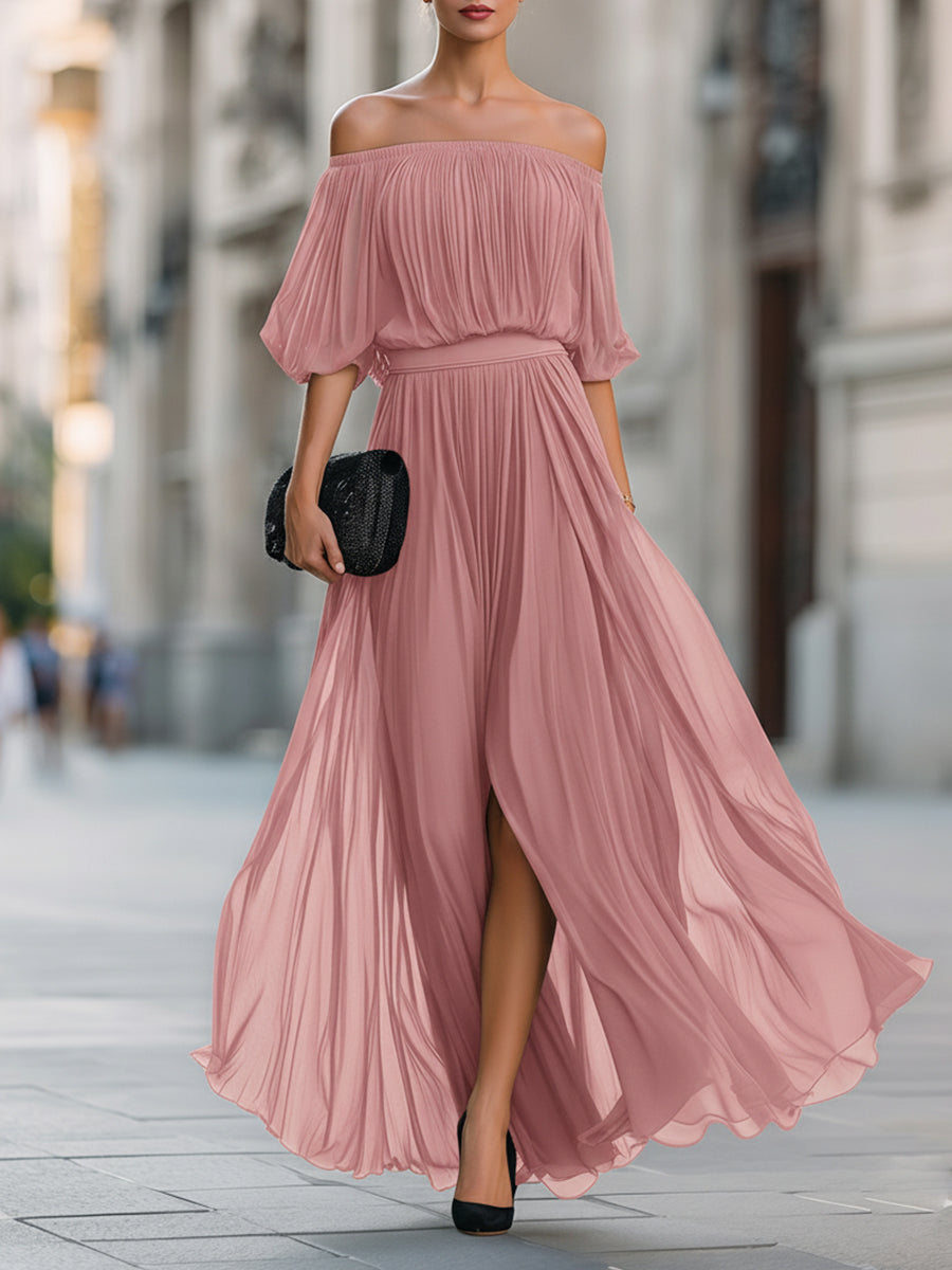 Off-shoulder pleated maxi dress, full-length view