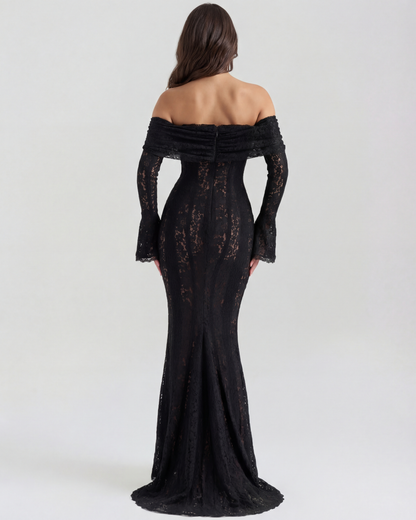 Marielle | Off-Shoulder Floral Lace Godet Maxi Wedding Guest Dress