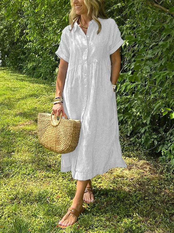 Vertical stripe button-front midi dress