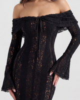 Marielle | Off-Shoulder Floral Lace Godet Maxi Wedding Guest Dress