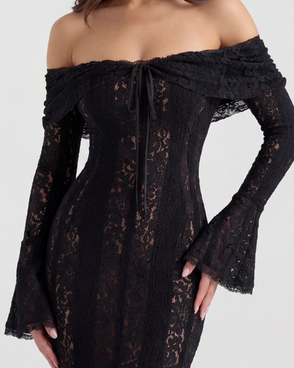 Marielle | Off-Shoulder Floral Lace Godet Maxi Wedding Guest Dress
