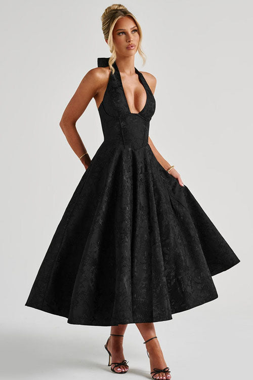 Ginevra | V-Neck Halterneck Jacquard Maxi Dress