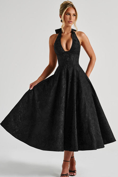 Ginevra | V-Neck Halterneck Jacquard Maxi Dress