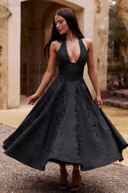 Ginevra | V-Neck Halterneck Jacquard Maxi Dress