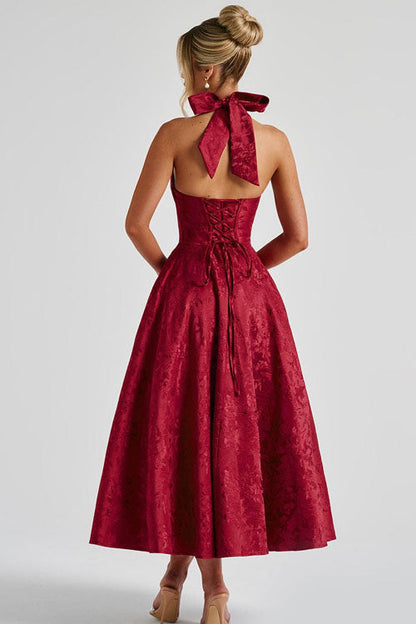 Ginevra | V-Neck Halterneck Jacquard Maxi Dress