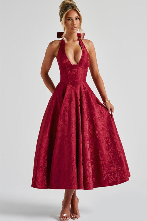 Ginevra | V-Neck Halterneck Jacquard Maxi Dress
