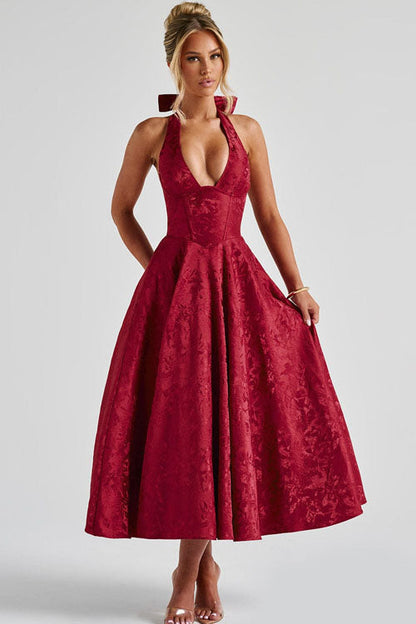 Ginevra | V-Neck Halterneck Jacquard Maxi Dress