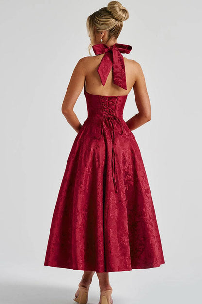 Ginevra | V-Neck Halterneck Jacquard Maxi Dress