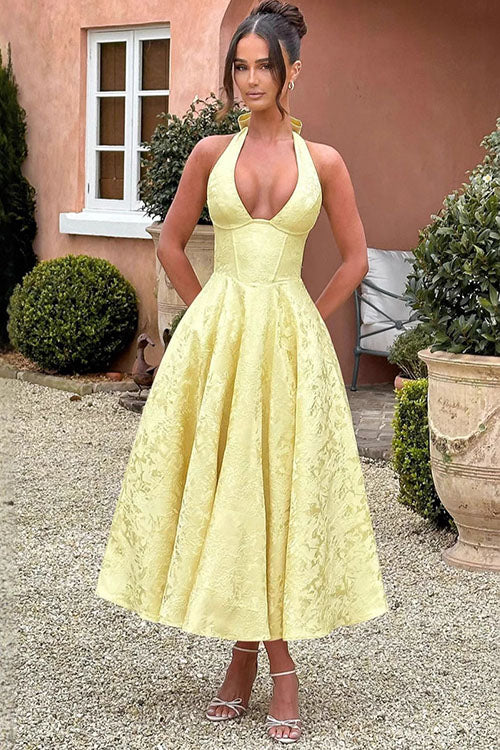 Ginevra | V-Neck Halterneck Jacquard Maxi Dress