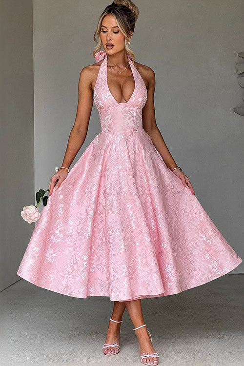 Ginevra | V-Neck Halterneck Jacquard Maxi Dress