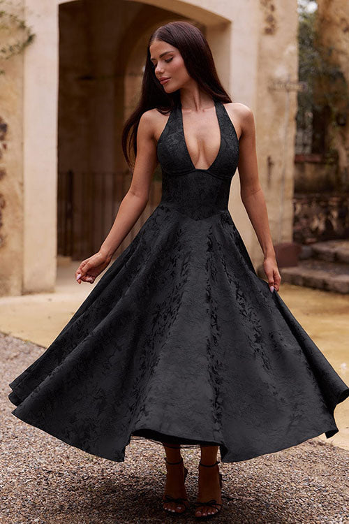 Ginevra | V-Neck Halterneck Jacquard Maxi Dress