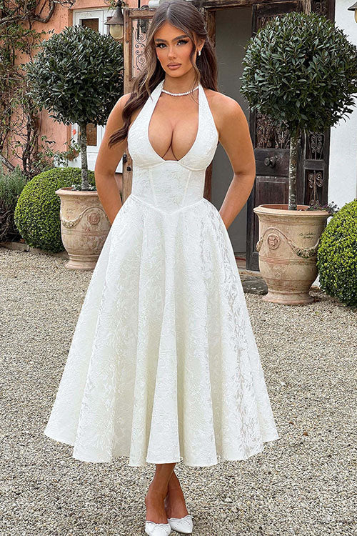 Ginevra | V-Neck Halterneck Jacquard Maxi Dress