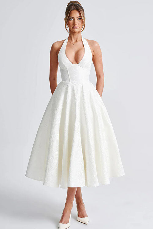 Ginevra | V-Neck Halterneck Jacquard Maxi Dress