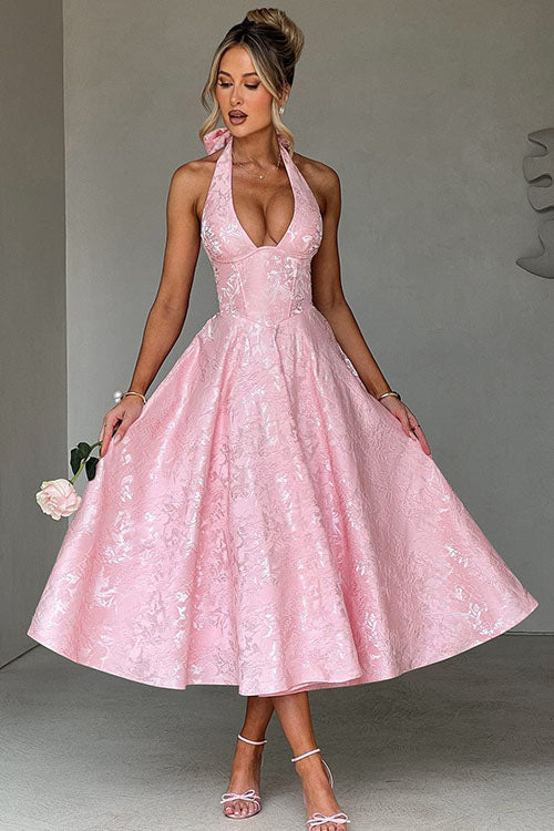 Ginevra | V-Neck Halterneck Jacquard Maxi Dress