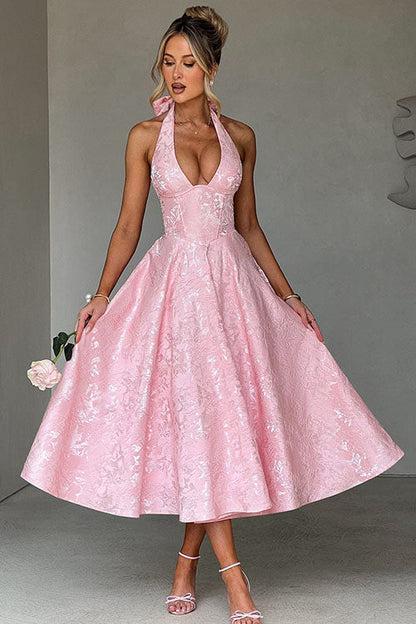 Ginevra | V-Neck Halterneck Jacquard Maxi Dress