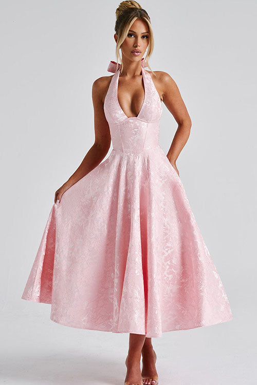 Ginevra | V-Neck Halterneck Jacquard Maxi Dress