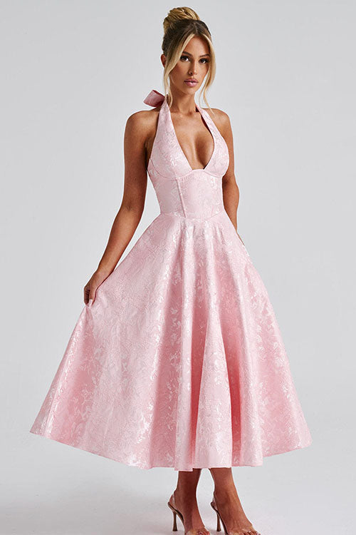 Ginevra | V-Neck Halterneck Jacquard Maxi Dress