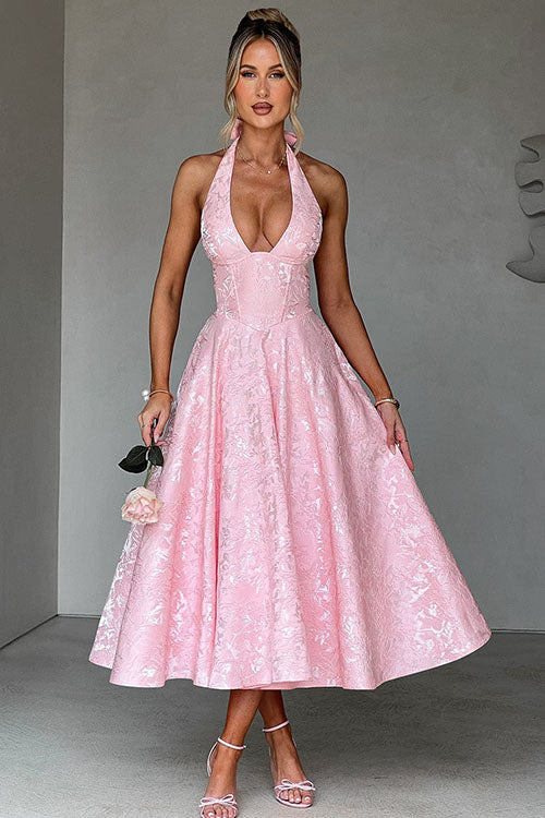 Ginevra | V-Neck Halterneck Jacquard Maxi Dress