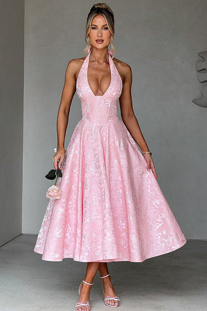 Ginevra | V-Neck Halterneck Jacquard Maxi Dress