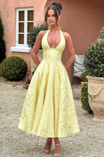 Ginevra | V-Neck Halterneck Jacquard Maxi Dress