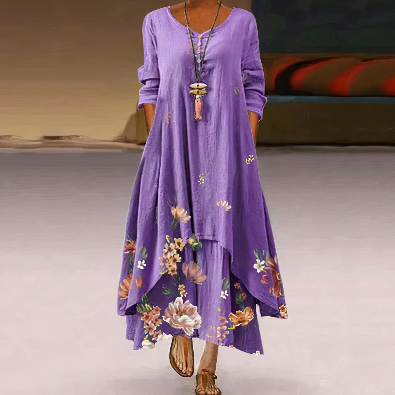 Floral long sleeve maxi dress front view