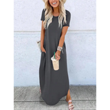 Round neck short sleeve maxi dress with pockets