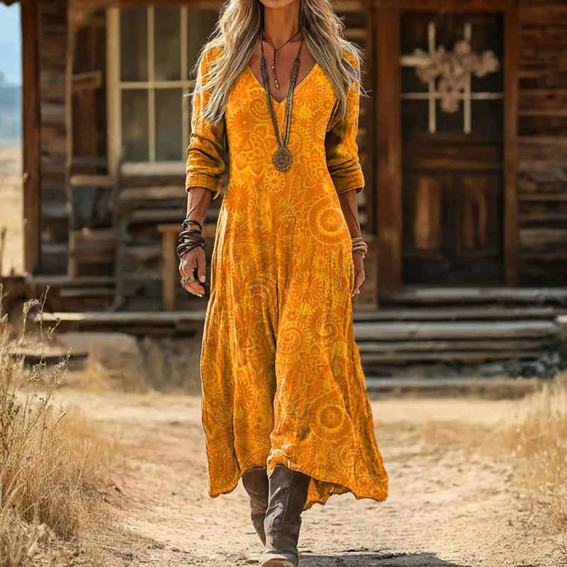 Long sleeve V-neck print dress front view
