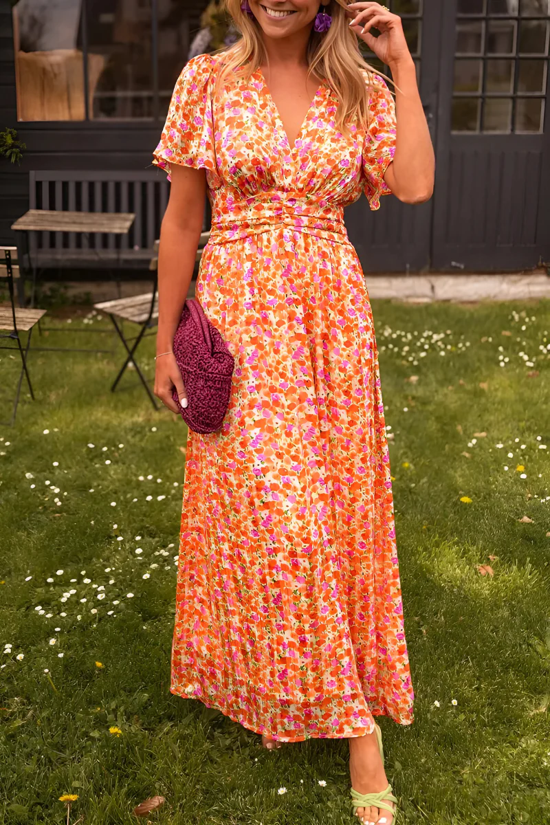 Colourful floral print maxi dress in orange, front view