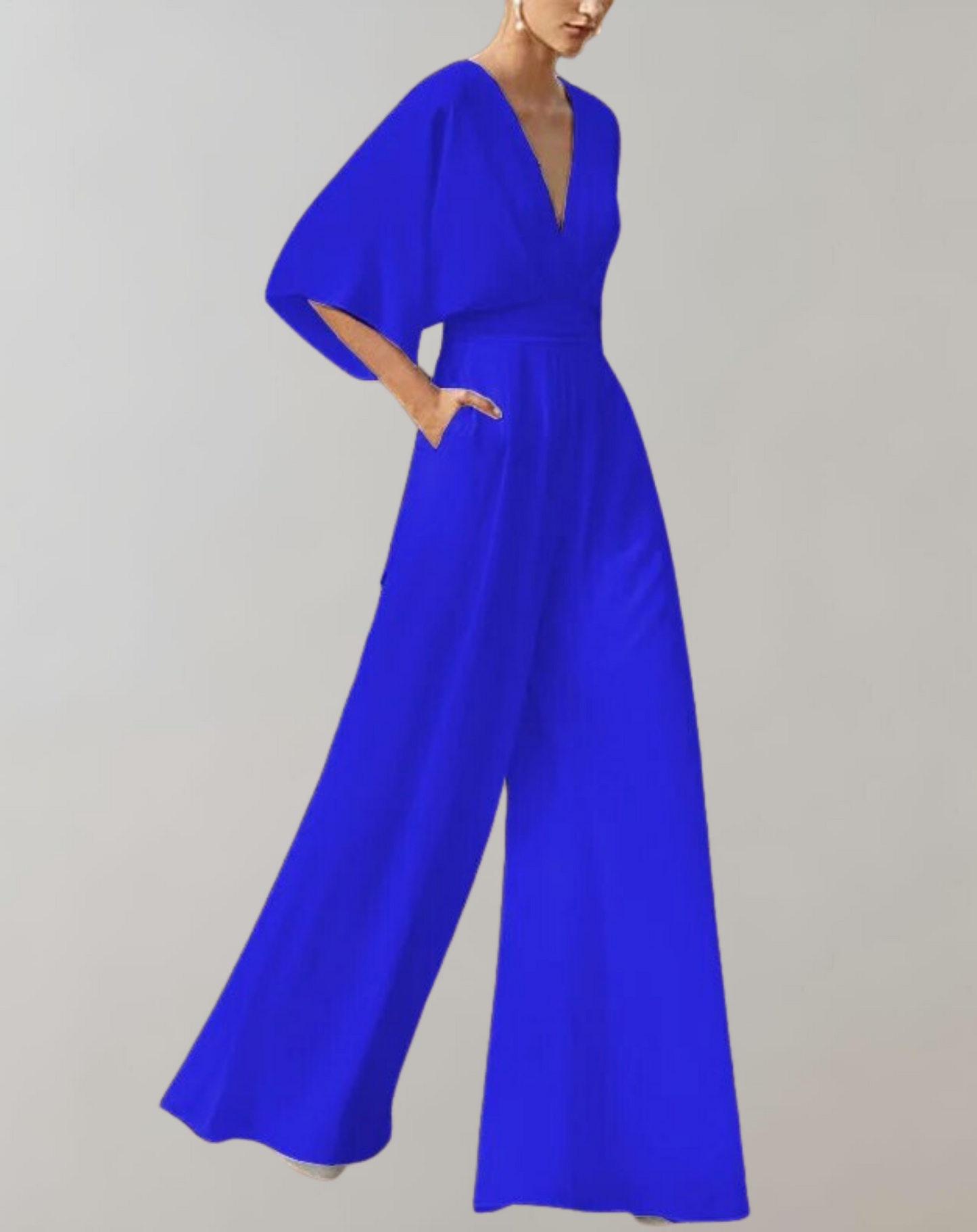 V-neck wide-leg jumpsuit in blue, front view