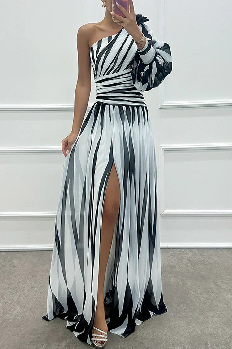 Coraline | Striped One-Shoulder Asymmetric Maxi Wedding Guest Dress