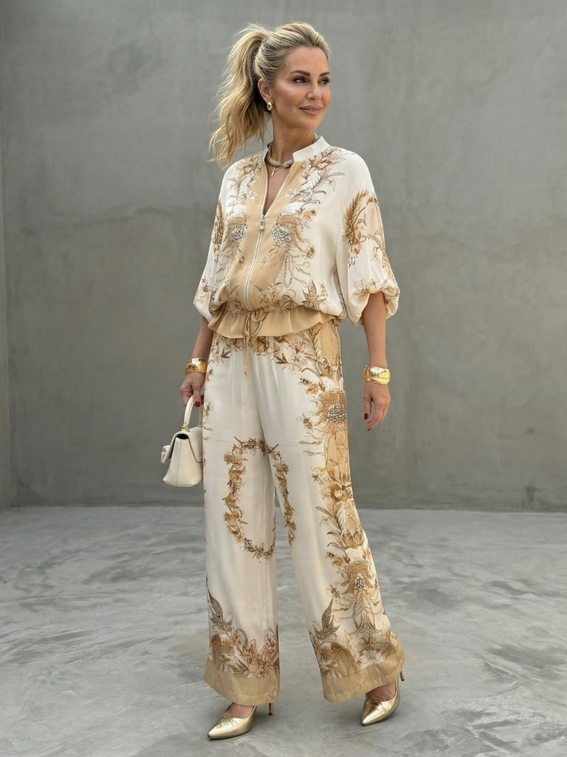 Zip-front blouson top and printed wide-leg trouser set, front view