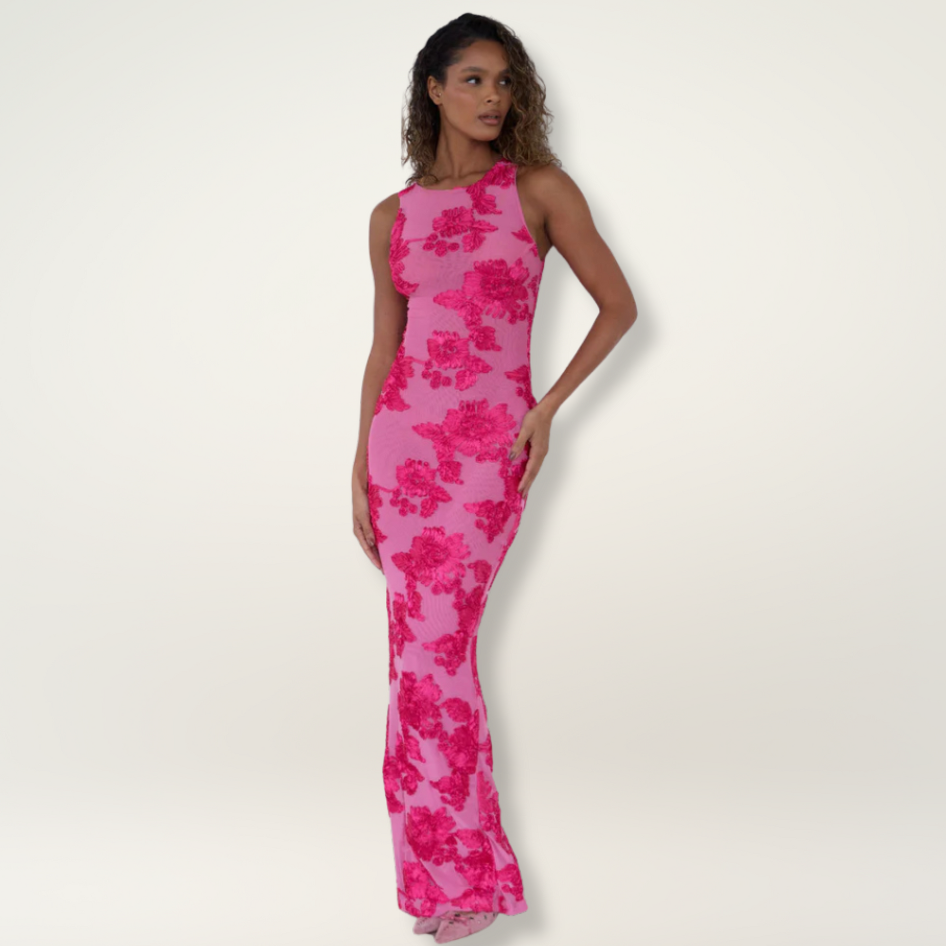 Floral sleeveless maxi dress in pink, front view