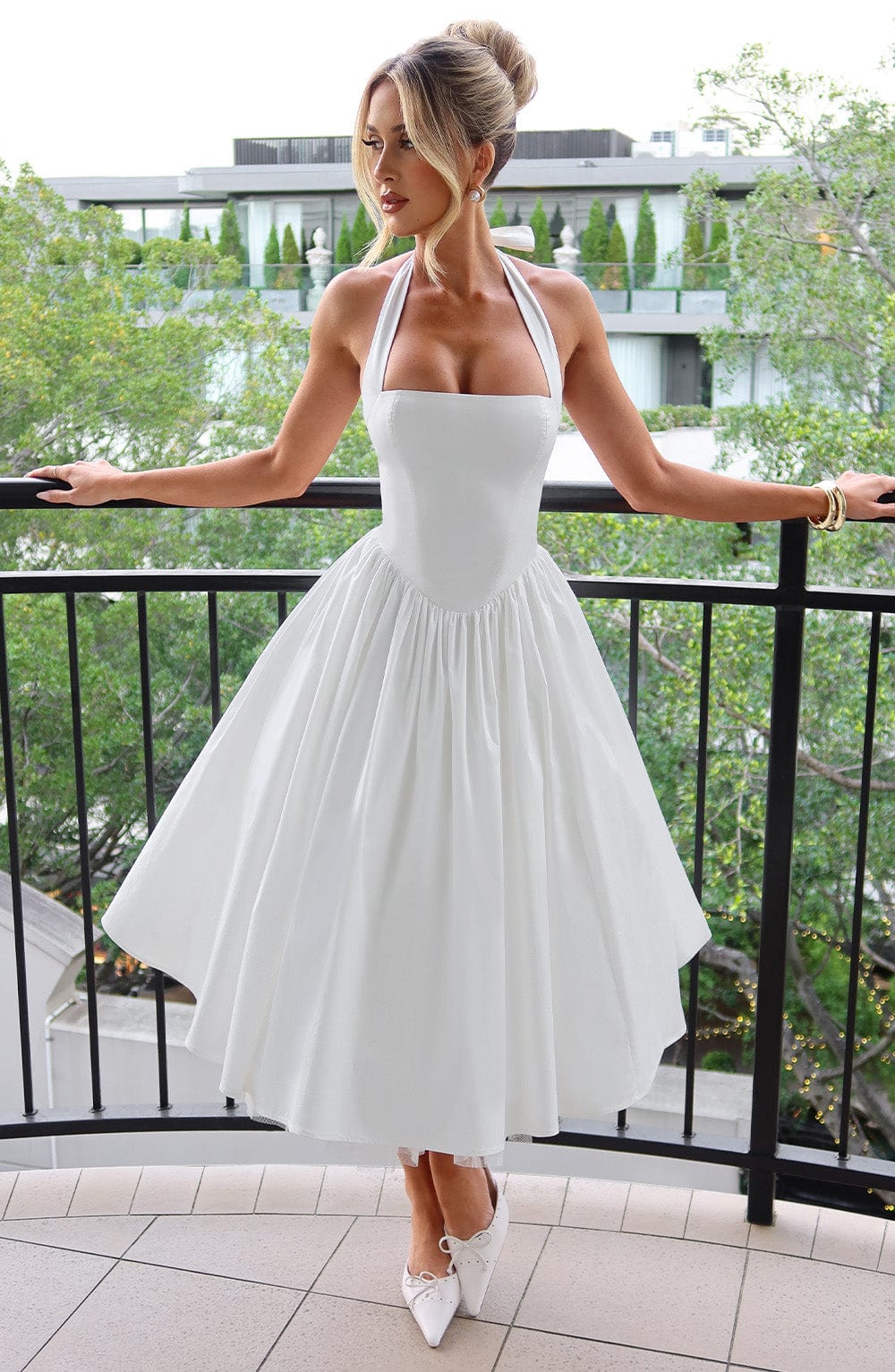 Halcyon | Halter Neck Open Back Midi Wedding Guest Dress