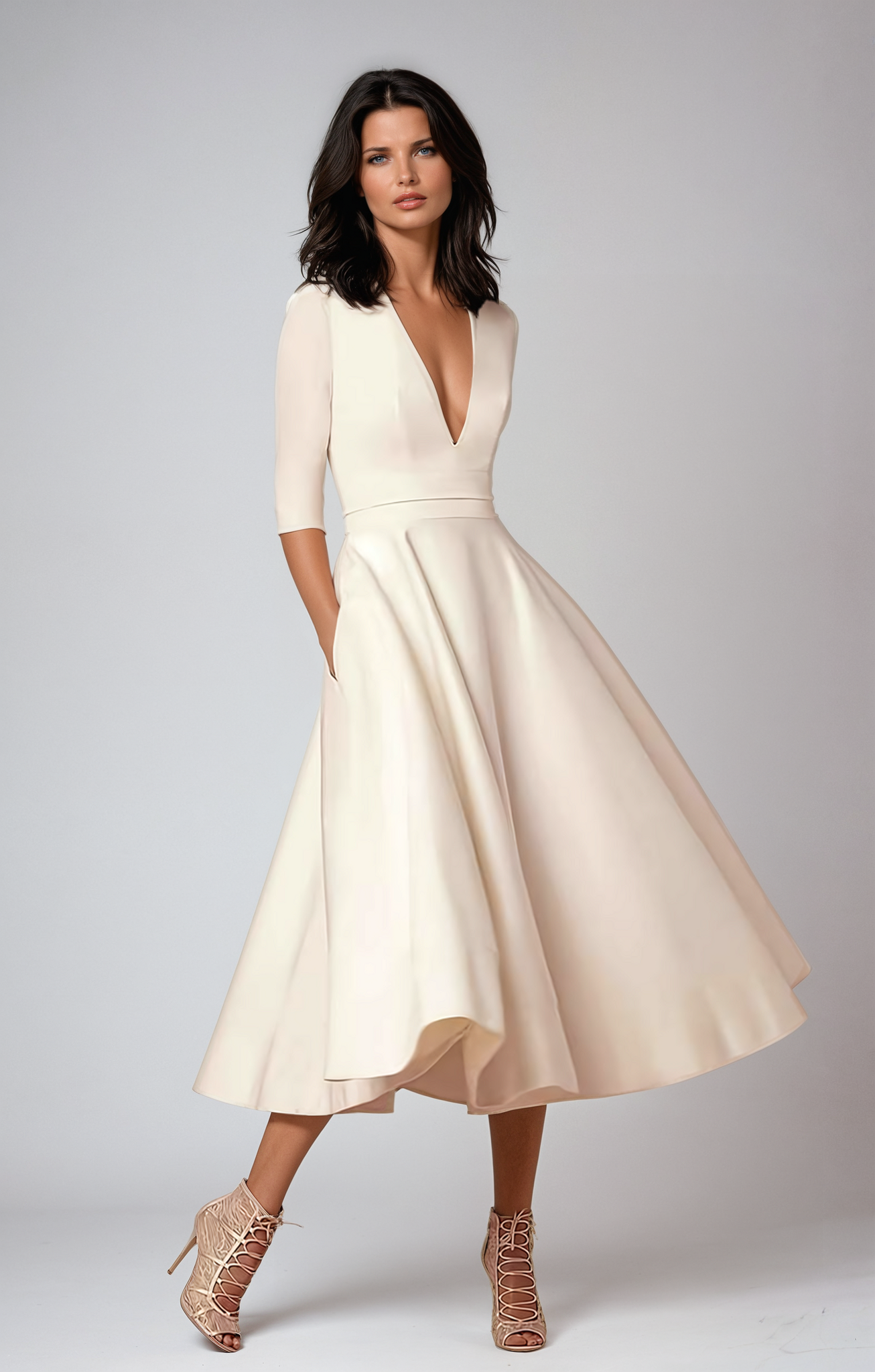 Tailored flared midi dress in beige, front view