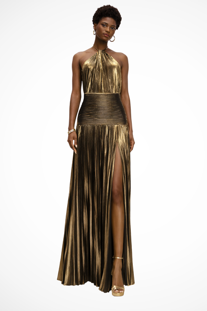Harlow | Halter Pleated Satin Maxi Wedding Guest Dress