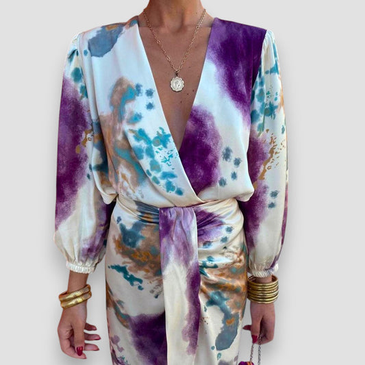 Floral wrap blouse and midi skirt set, front view
