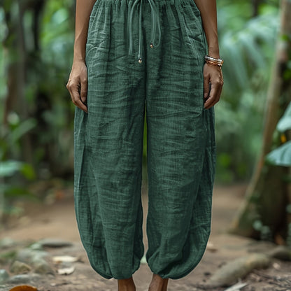 Lantern trousers showing ankle gather construction