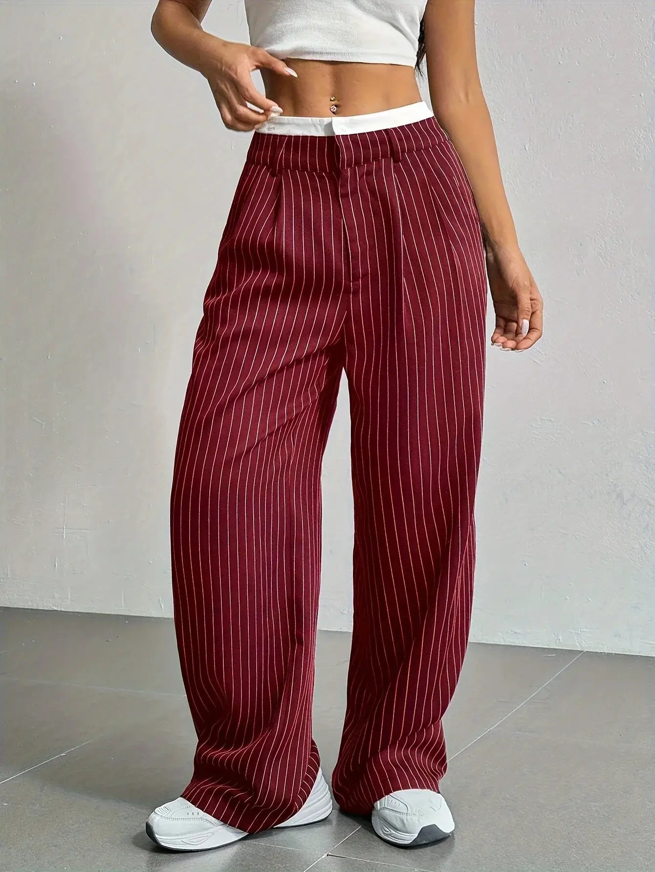 Striped high-waist wide-leg trousers, detail view