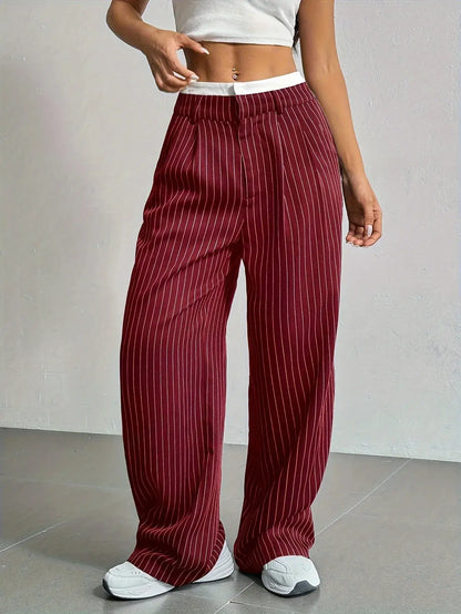 Striped high-waist wide-leg trousers, detail view