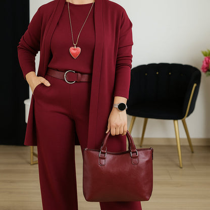 Three-piece set showing open-front longline top