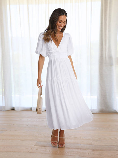 Noemie | V-Neck Puff Sleeve Smocked Midi Dress
