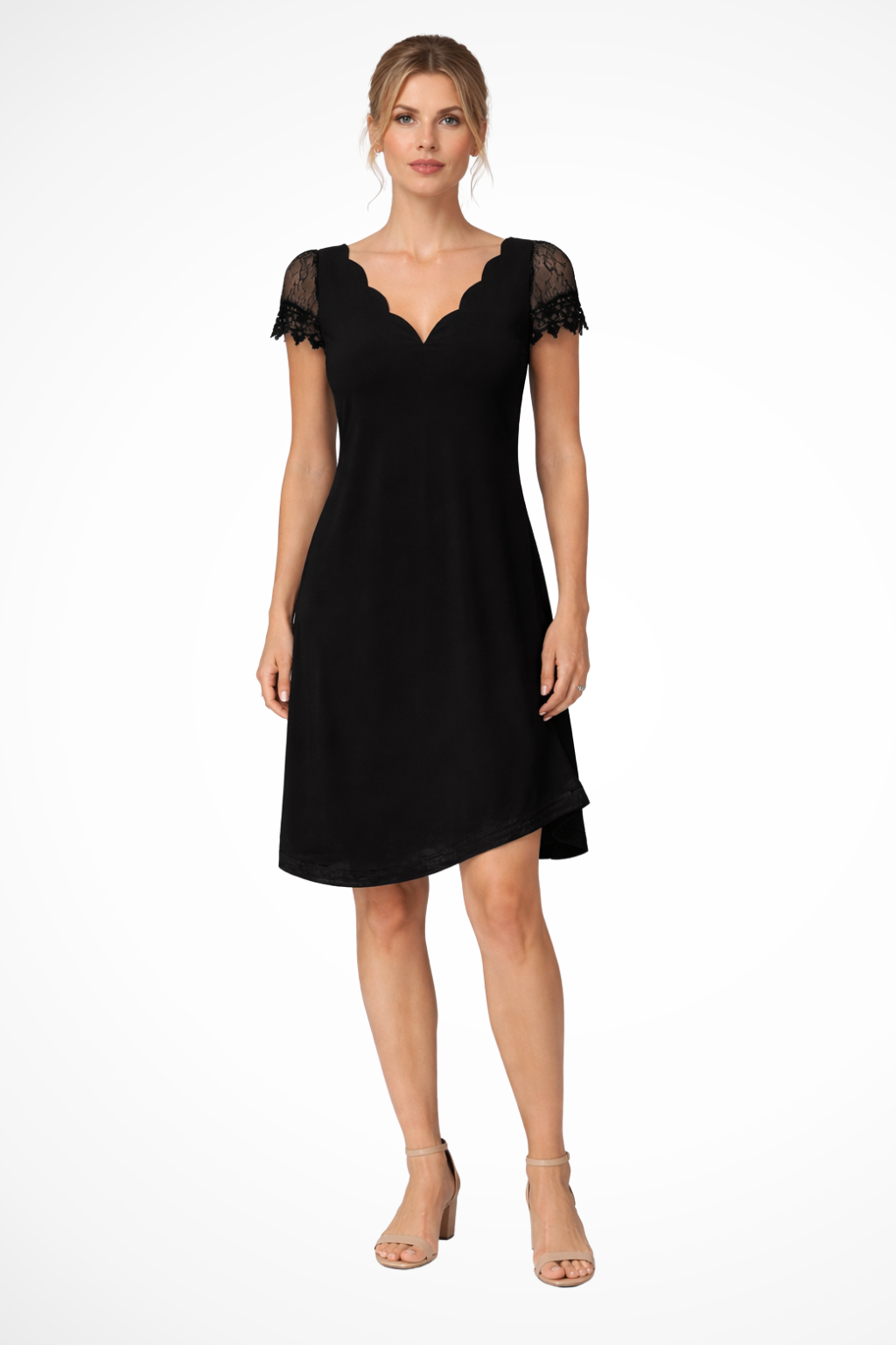 Cora black lace sleeve mini dress front view