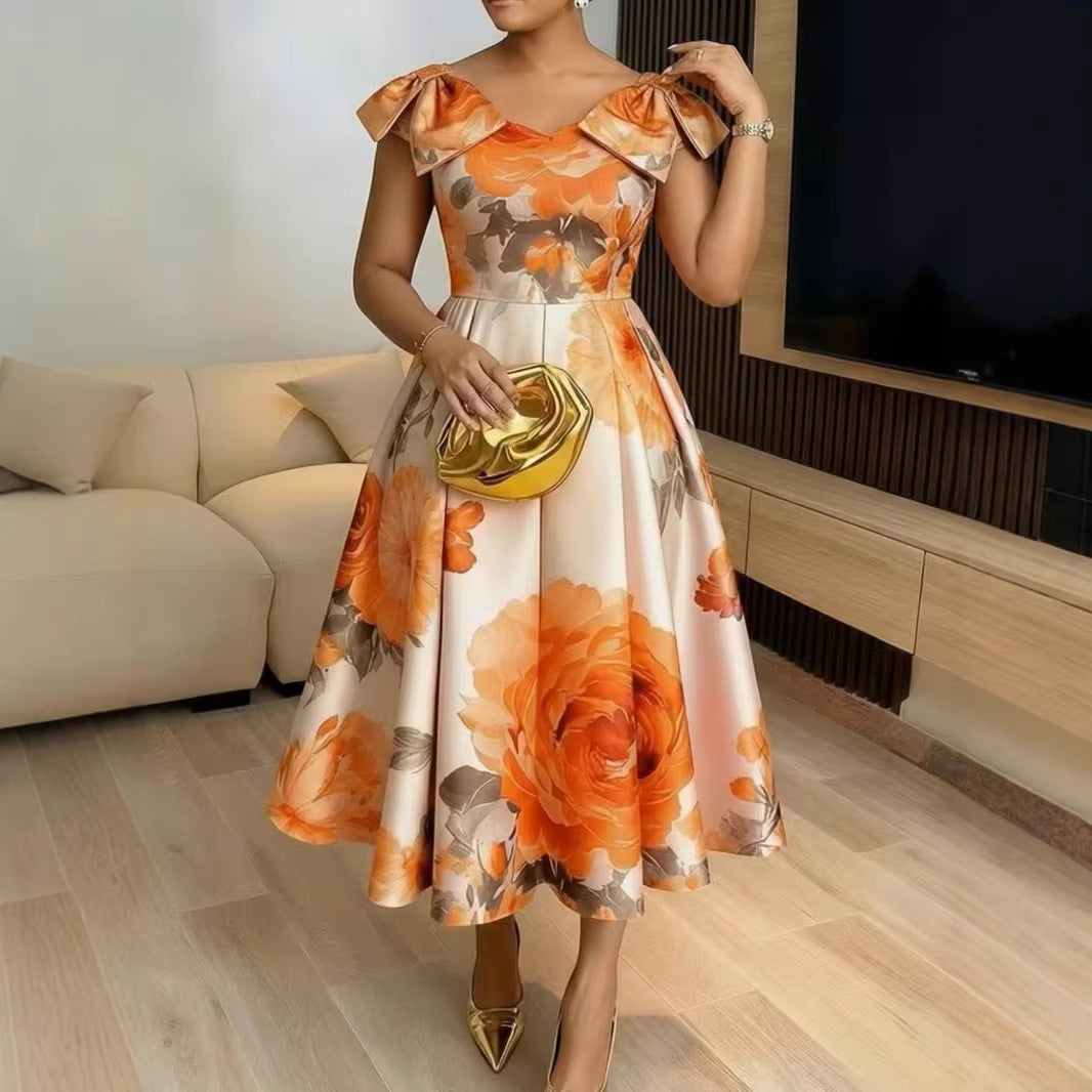 Floral print midi dress in orange-red, front view