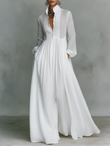 Minimalist cotton-linen patchwork maxi dress in white, front view