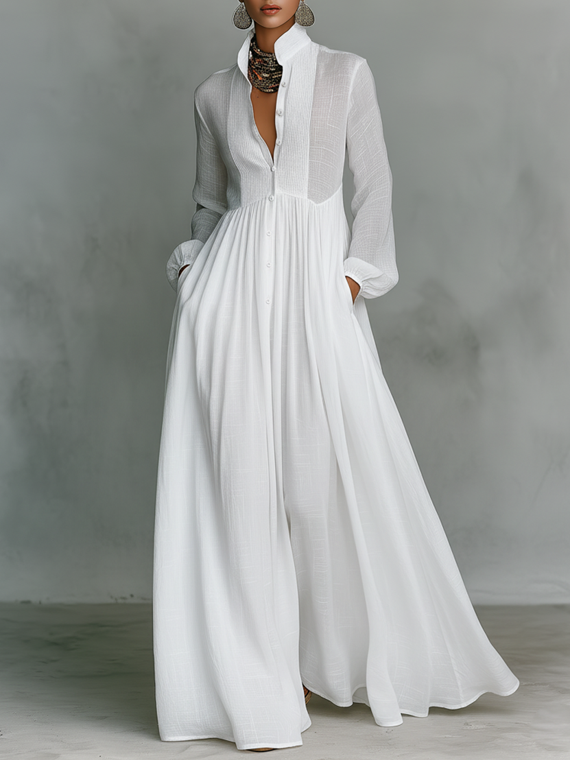 Minimalist cotton-linen patchwork maxi dress in white, front view