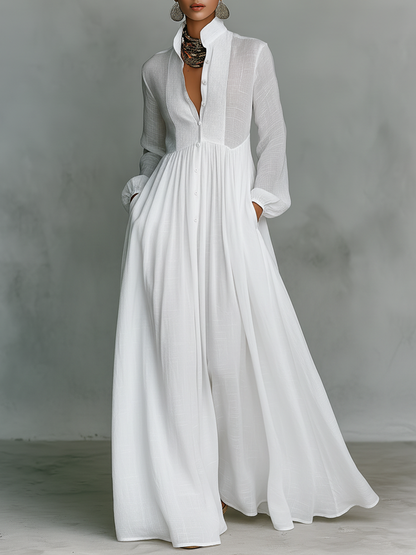 Minimalist cotton-linen patchwork maxi dress in white, front view