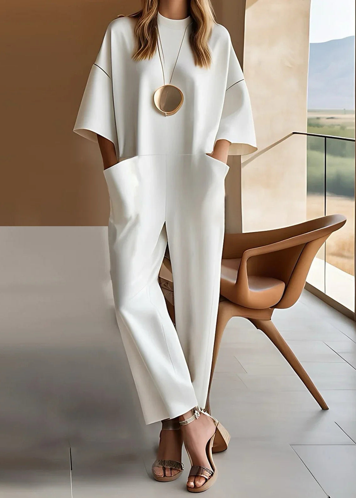 Short-sleeve straight-leg jumpsuit in white, front view