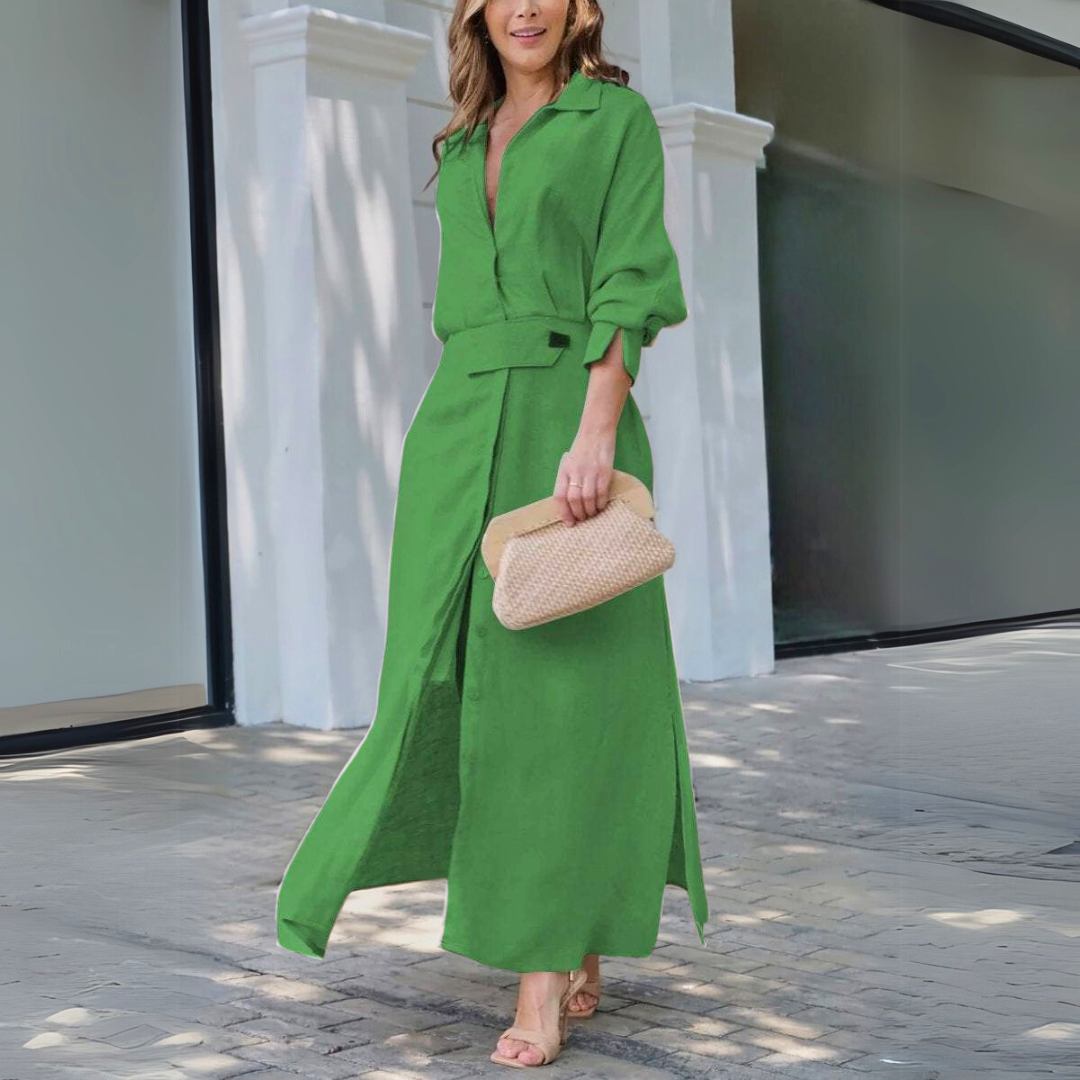 Button-front maxi shirt dress front view