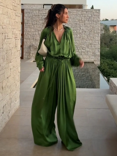 Perpetua satin blouse and wide-leg pants set, view 2